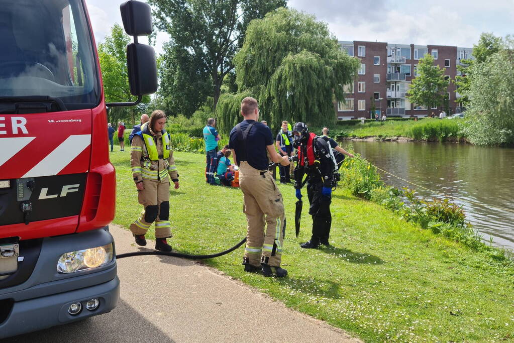 Brandweerduikers doorzoeken vijver
