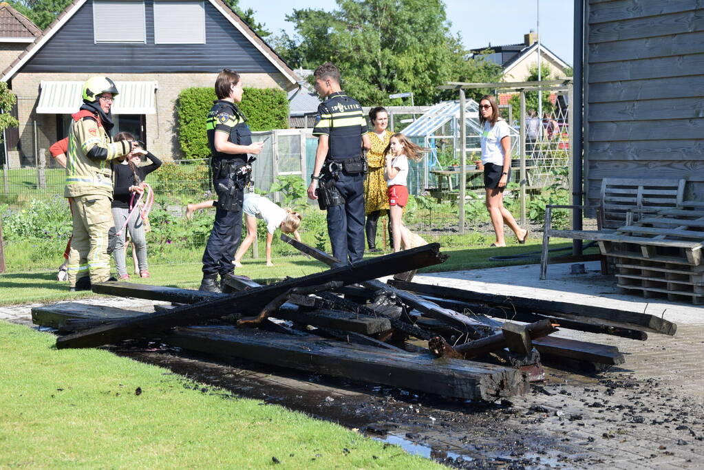 Houten balken achter schuur vlam gevat