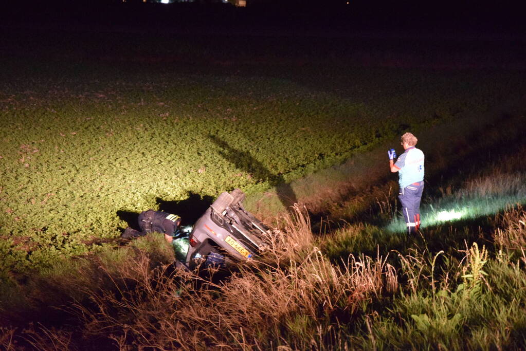 Auto op zijn kop in sloot naast talud
