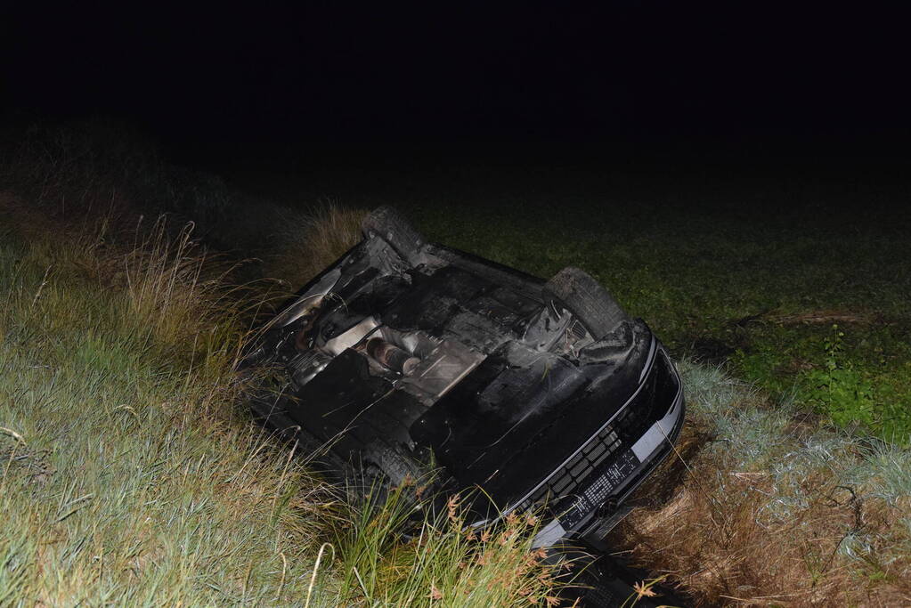 Auto op zijn kop in sloot naast talud
