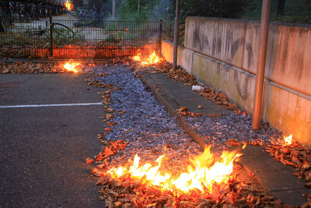 Bladeren vliegen in brand op parkeerterrein