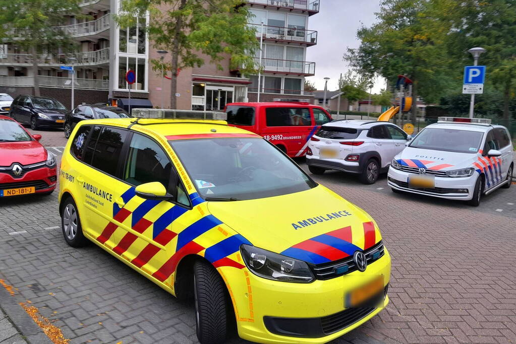 Bestuurster ramt met auto entree flatgebouw