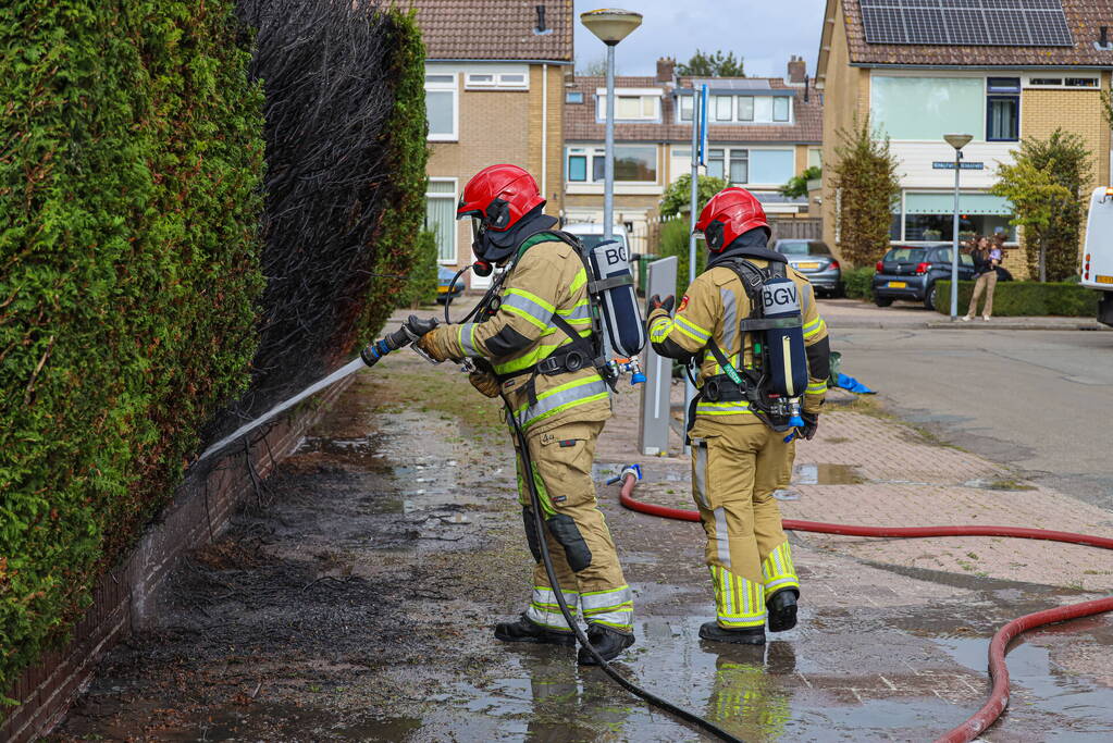 Onkruidbrander zet coniferenhaag in brand