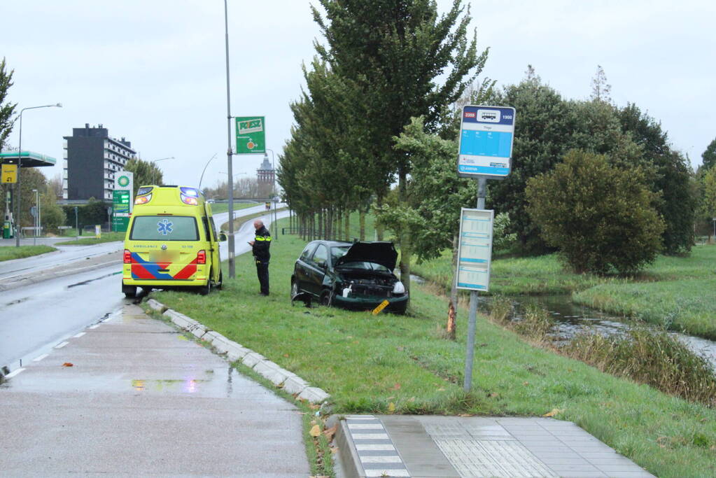 Automobilist ramt bushokje en boom