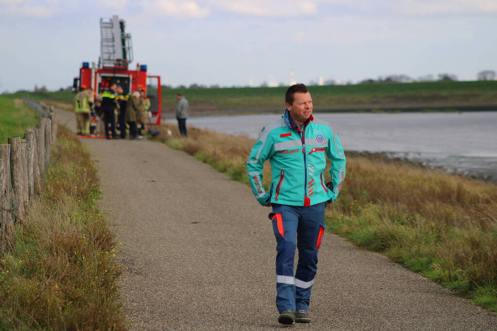 Mensen en hond vast op zandplaat