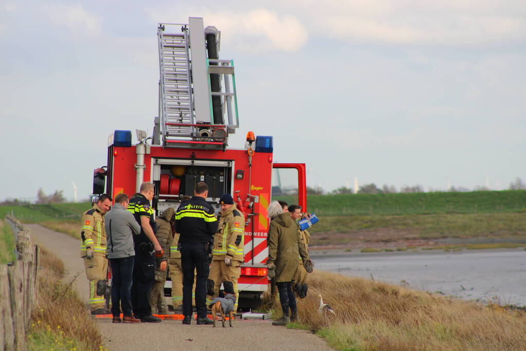 Mensen en hond vast op zandplaat