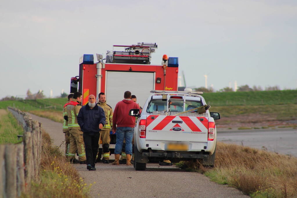 Mensen en hond vast op zandplaat