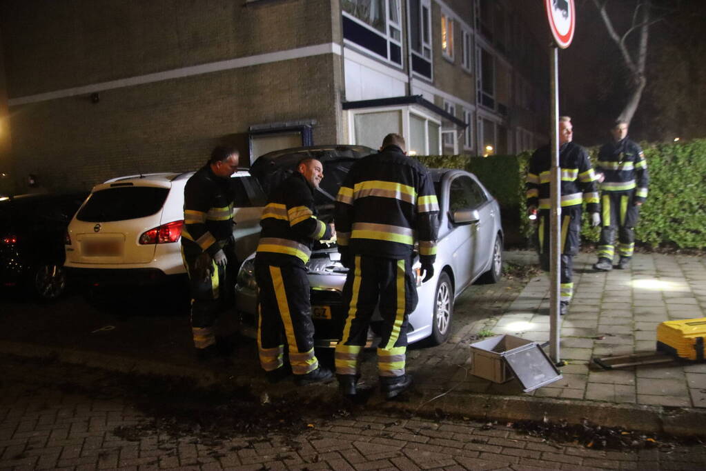 Kat zit vast in motor van auto