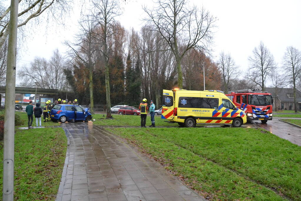 Auto klapt frontaal op boom