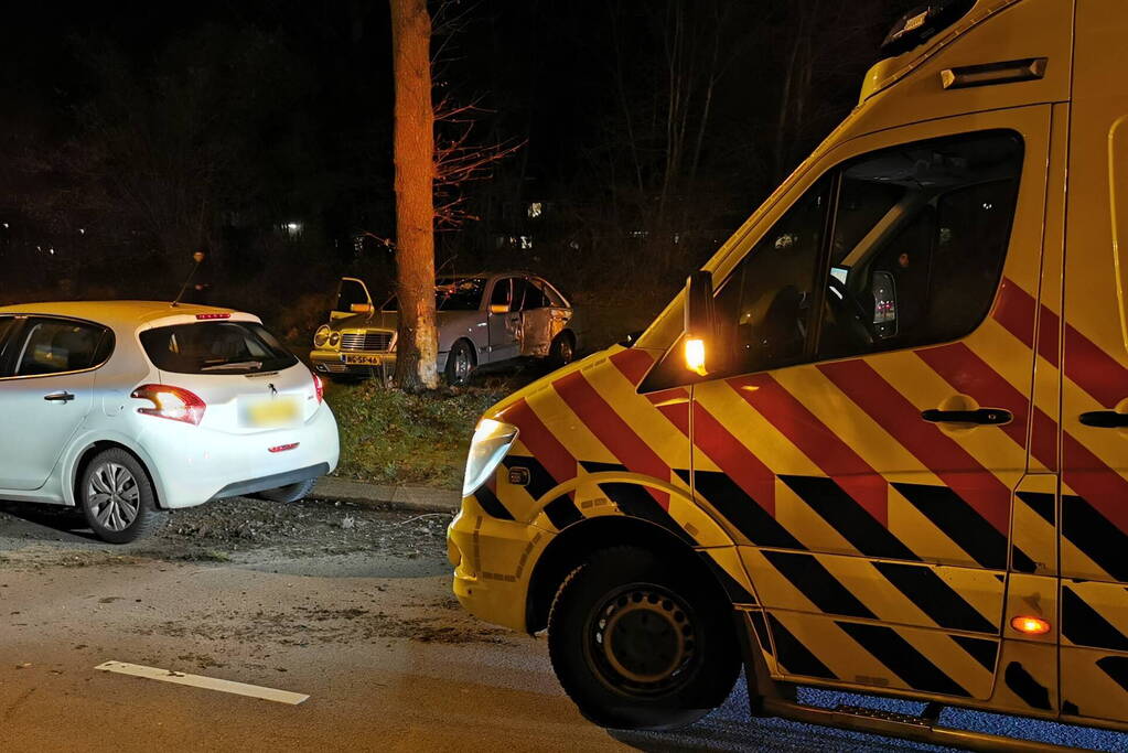 Auto raakt van weg en ramt boom