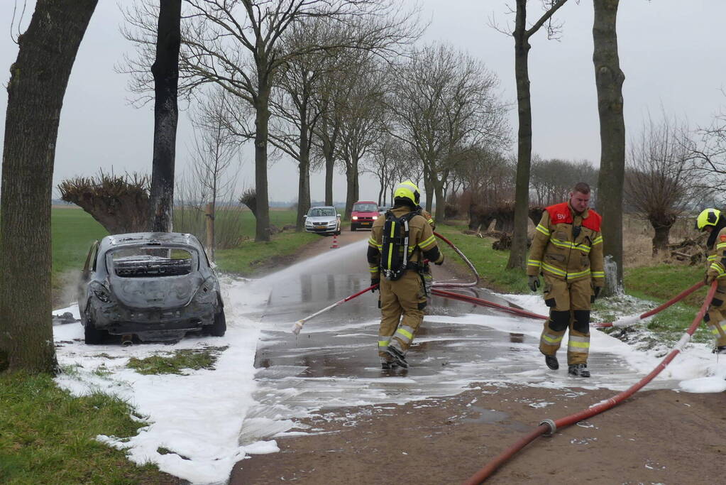 Auto vat vlam na frontale botsing tegen boom