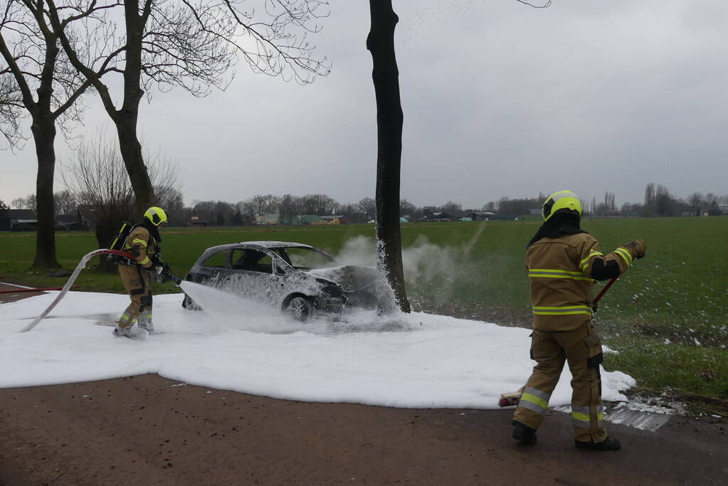 Auto vat vlam na frontale botsing tegen boom