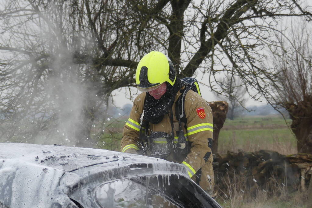 Auto vat vlam na frontale botsing tegen boom