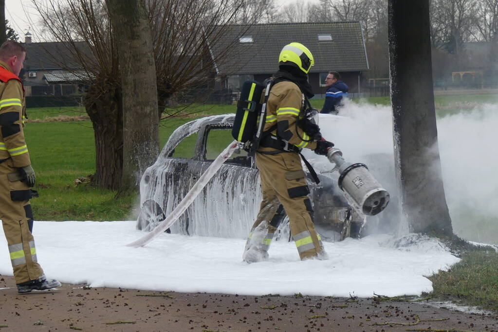 Auto vat vlam na frontale botsing tegen boom