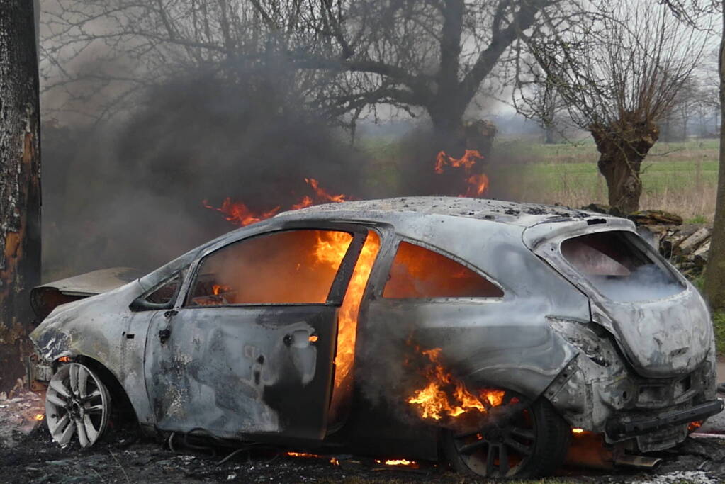 Auto vat vlam na frontale botsing tegen boom