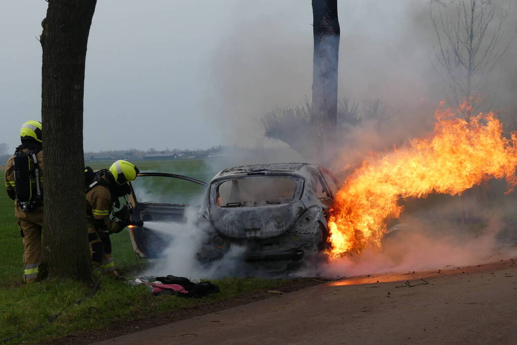 Auto vat vlam na frontale botsing tegen boom