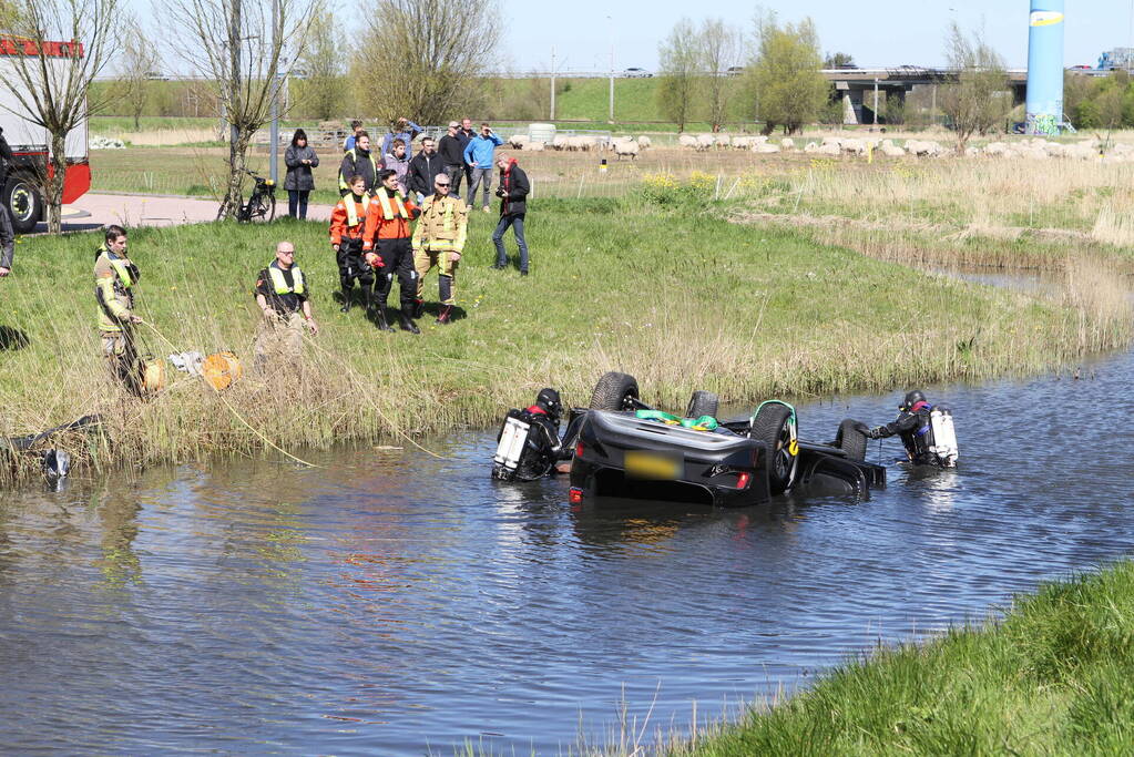 Auto ondersteboven te water geraakt