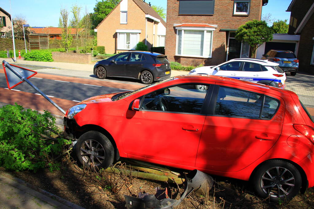 Automobilist ramt boom en verkeersbord