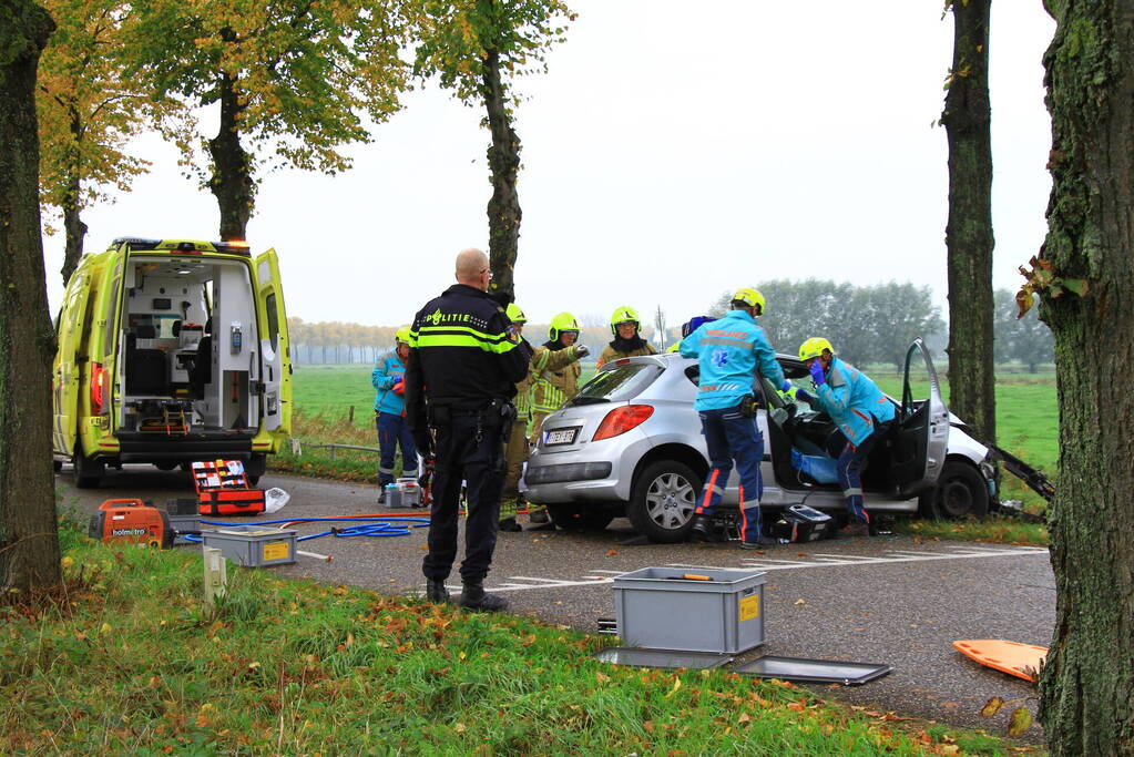 Bestuurder bekneld bij botsing tegen boom