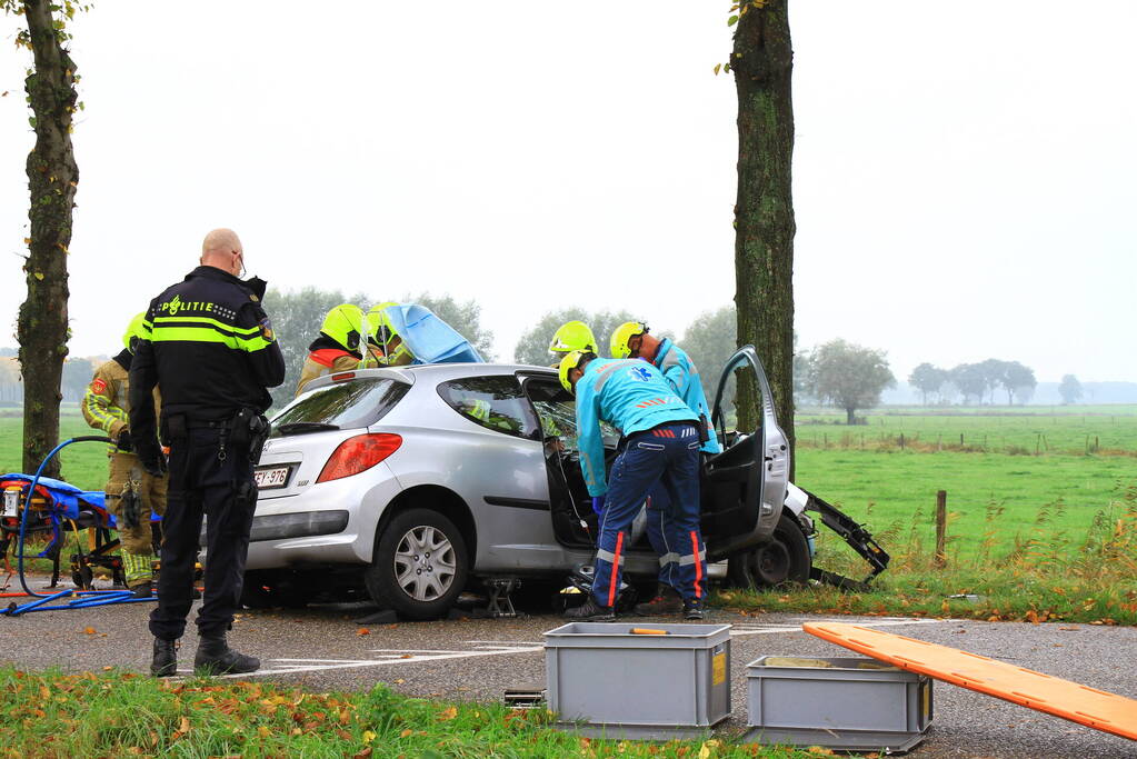 Bestuurder bekneld bij botsing tegen boom