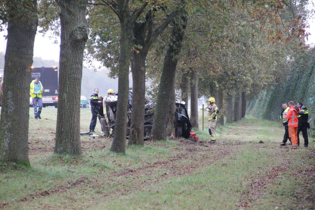 Auto zwaar beschadigd na botsing tegen boom langs snelweg