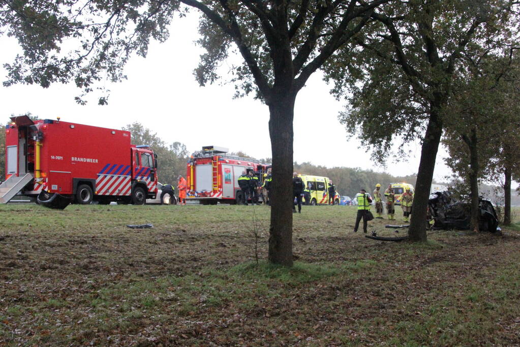 Auto zwaar beschadigd na botsing tegen boom langs snelweg