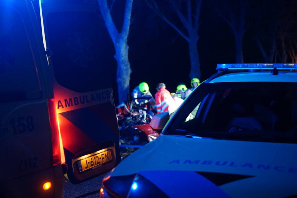 Auto zwaar beschadigd na frontale botsing tegen boom, bestuurder zwaargewond