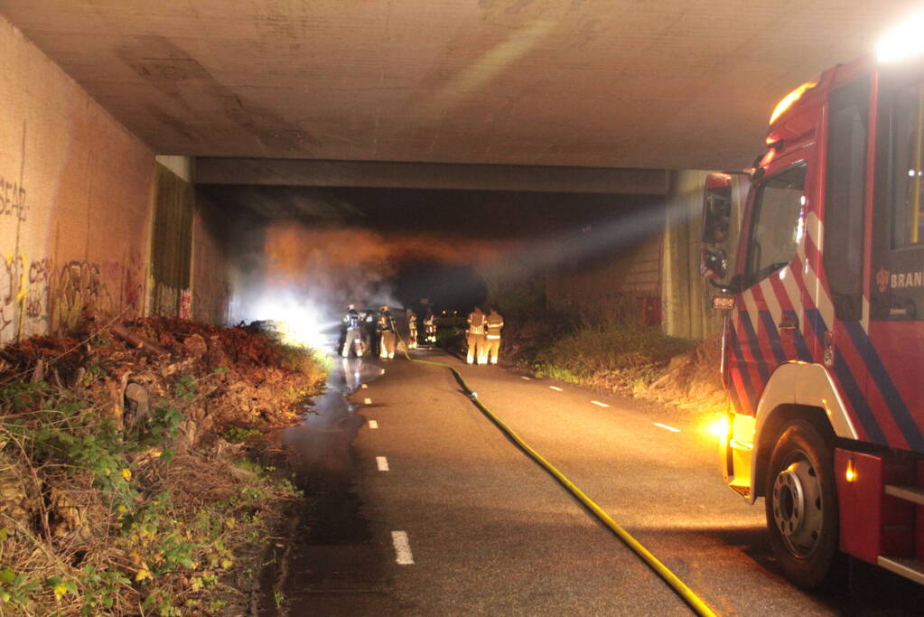 Bestelbus uitgebrand onder viaduct