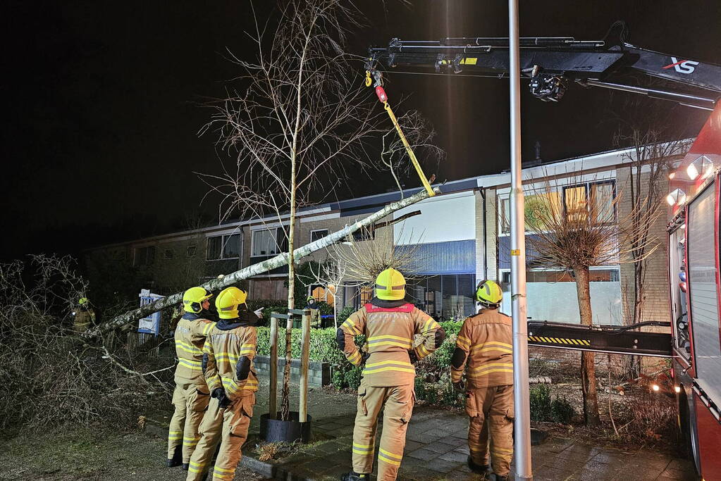 Grote boom waait om en belandt tegen woning