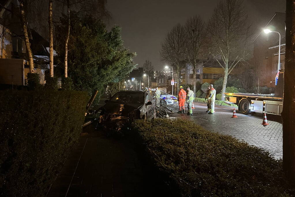 Automobilist rijdt boom en lantaarnpaal uit de grond