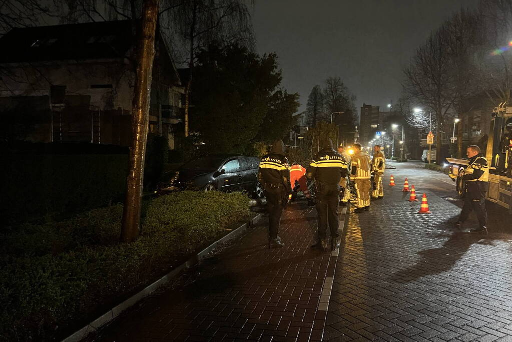 Automobilist rijdt boom en lantaarnpaal uit de grond