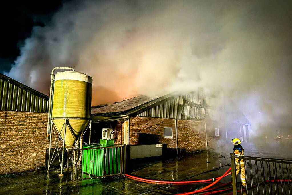 Uitslaande brand in stal, brandweer probeert dieren te redden