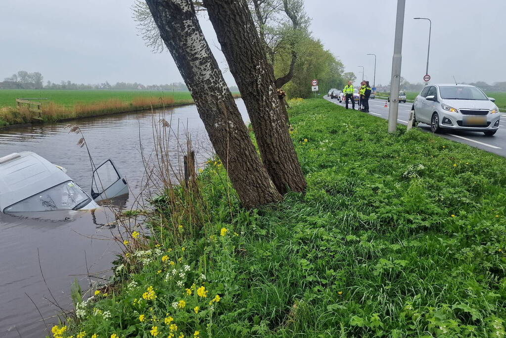 Camper raakt van de weg belandt in het water