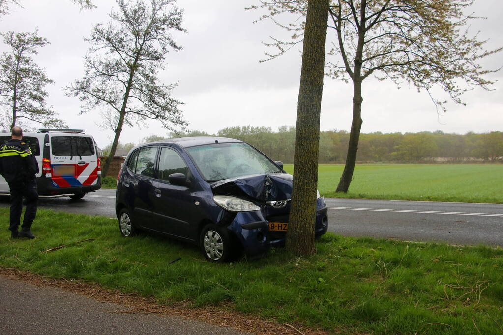 Auto klapt frontaal op boom