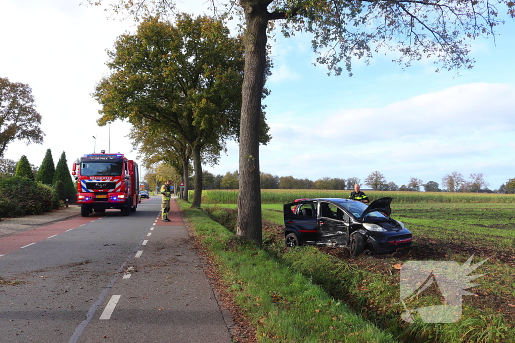 Automobilist klapt op boom en belandt in weiland
