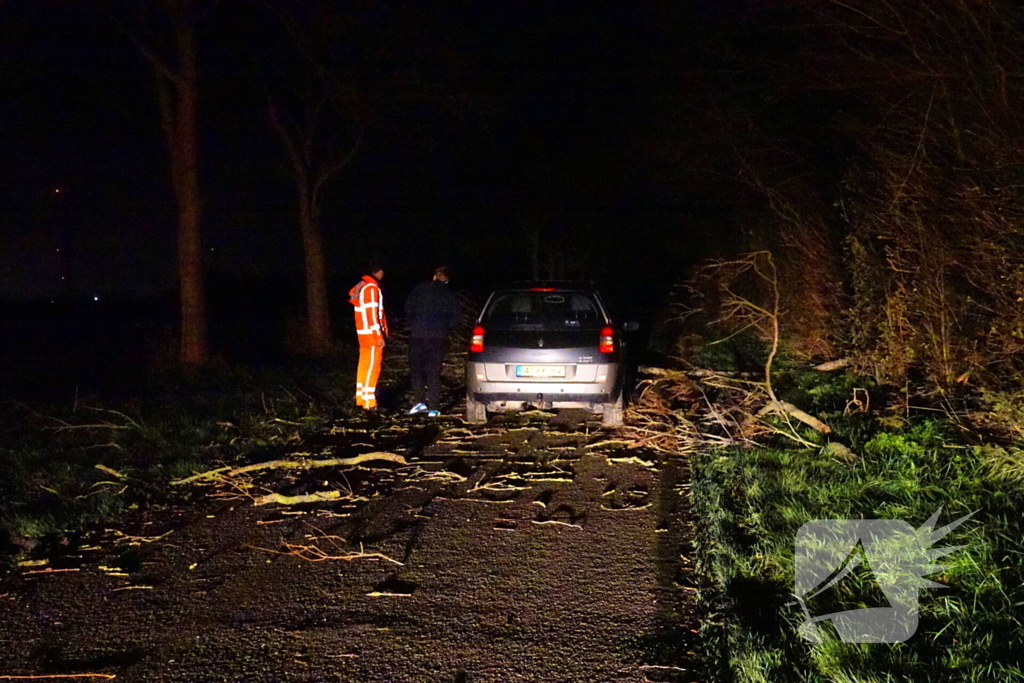 Auto komt vast te zitten tussen omgevallen bomen