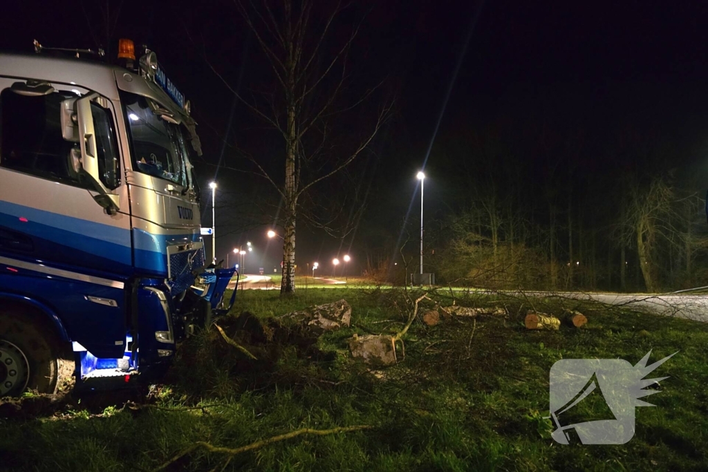 Chauffeur rijdt rechtdoor op rotonde en knalt tegen boom