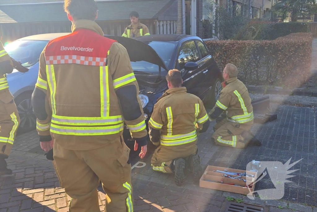 Brandweer bevrijdt kat uit motorkap