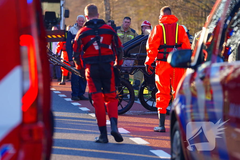 Paard raakt met rijtuig te water