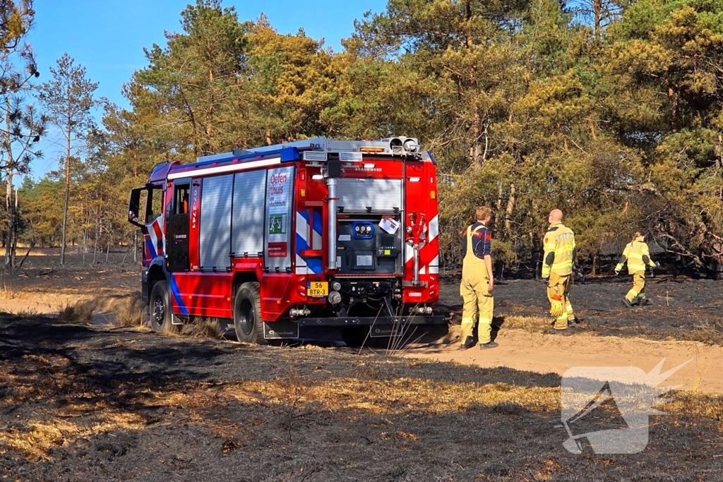 Brandweer blust smeulende resten in afgebrande heidegebied