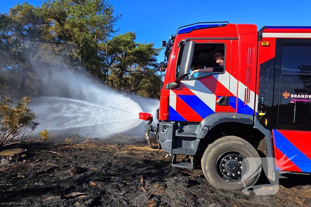 Brandweer blust smeulende resten in afgebrande heidegebied