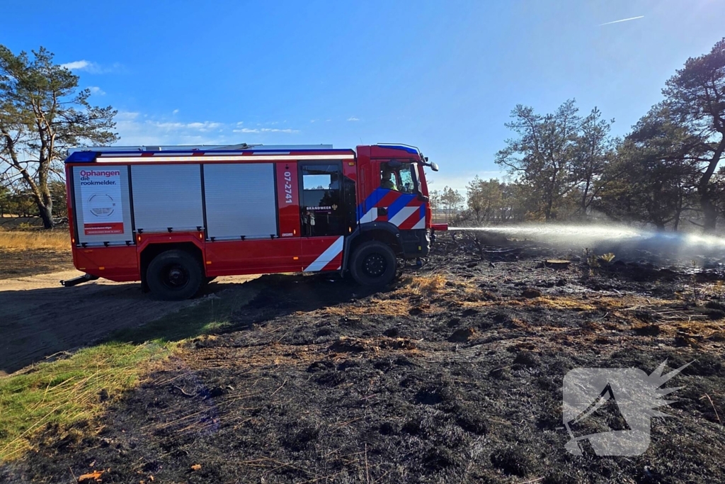 Brandweer blust smeulende resten in afgebrande heidegebied