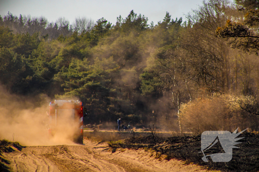 Brandweer blust smeulende resten in afgebrande heidegebied