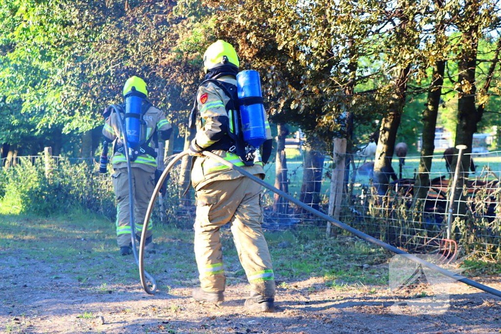 Bomen en pipowagen in brand