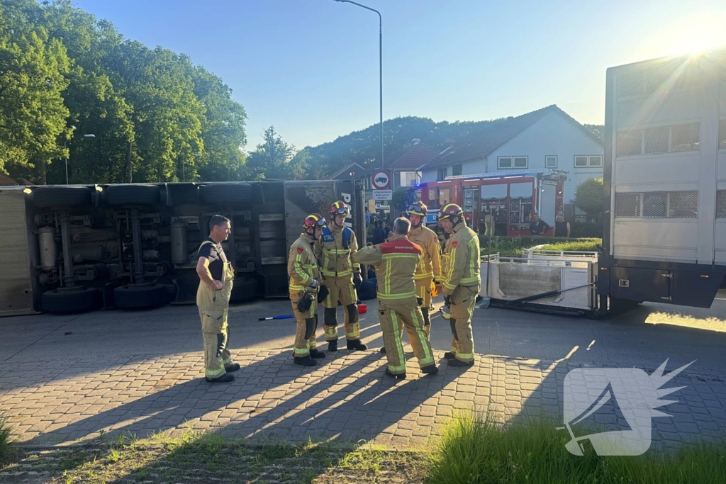 Vrachtwagen met varkens kantelt en blokkeert weg