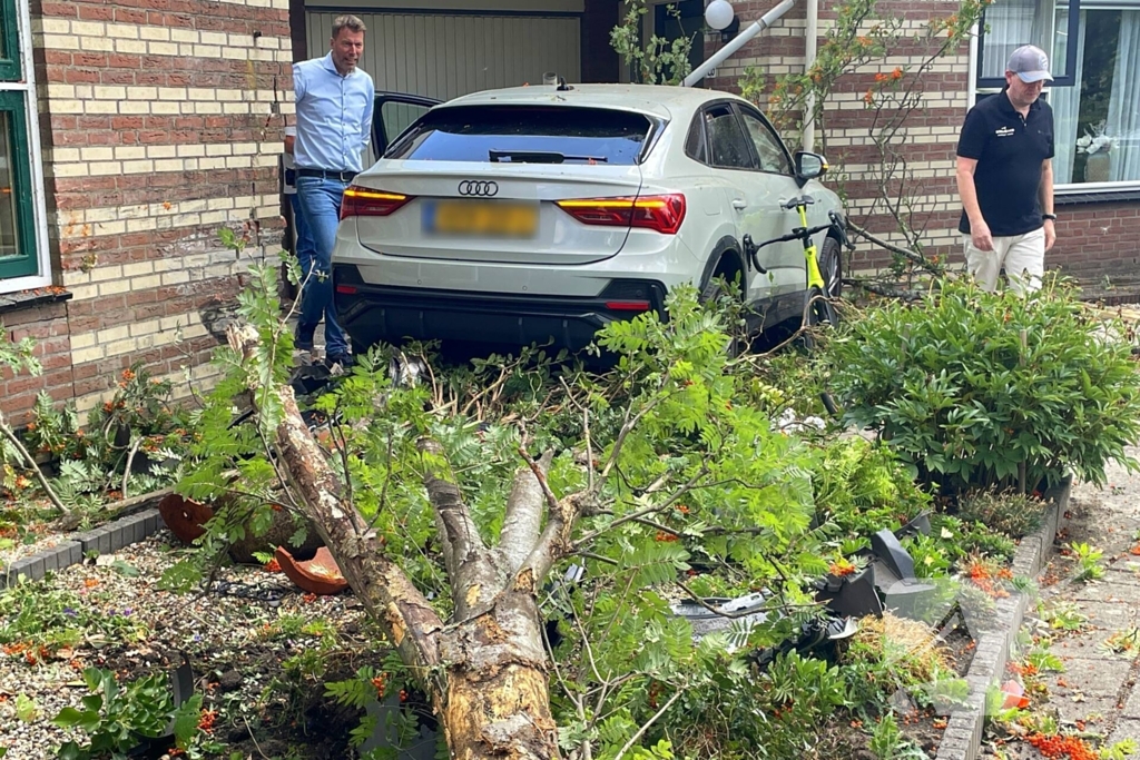 Voertuig ramt boom en huis