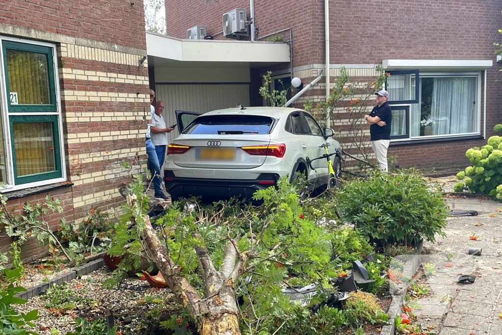 Voertuig ramt boom en huis