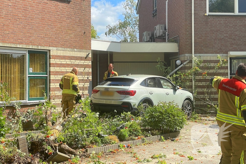 Voertuig ramt boom en huis