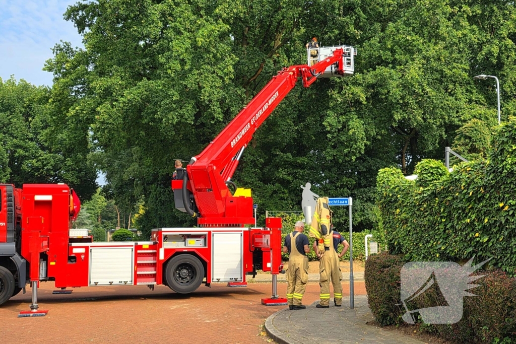 Brandweer verwijdert gevaarlijk hangende takken boven buurtmoestuin moestuin