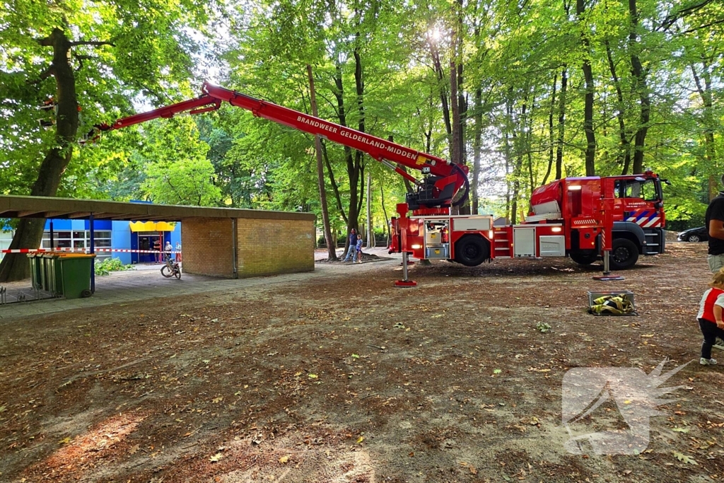 Boom valt op kinderwagen op schoolplein